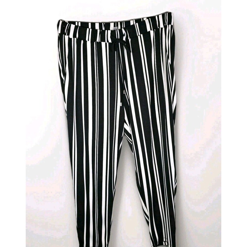 Renuar Womens Pants L  Black White Striped Pull On Ankle Stretch Slim Fit Trendy